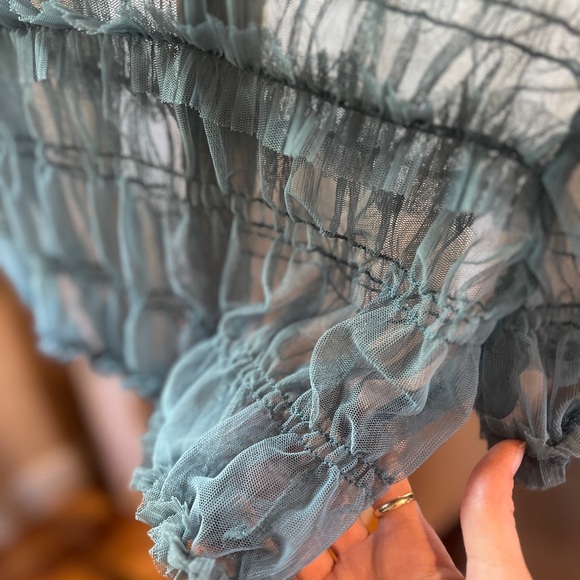 Topshop Sheer Smocked Crop Blouse in Blue/Green - Picture 2 of 4